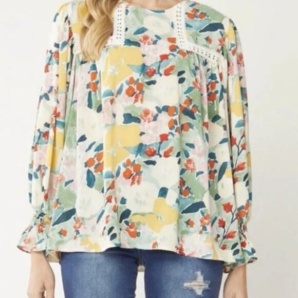 Entro Tops - Entro Floral Crochet Detail Smocked Blouse Top Spring Boho Flowy Office Career